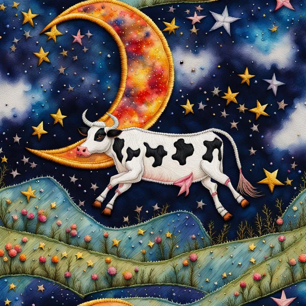 Cow Jumps Over Moon in Embroidered Watercolor