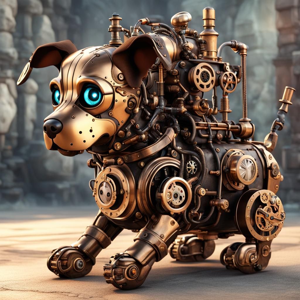 Steampunk Cyborg Puppy with Intricate Details
