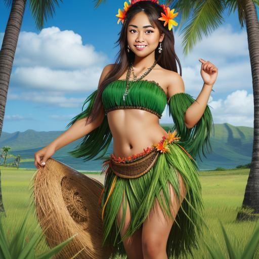 Beautiful Hawaiian Woman with Brown Eyes and Grass Skirt