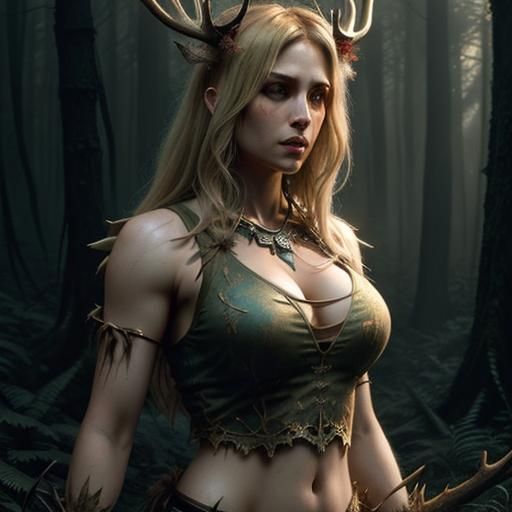Woman with Antlers in Overgrown Forest: Digital Horror