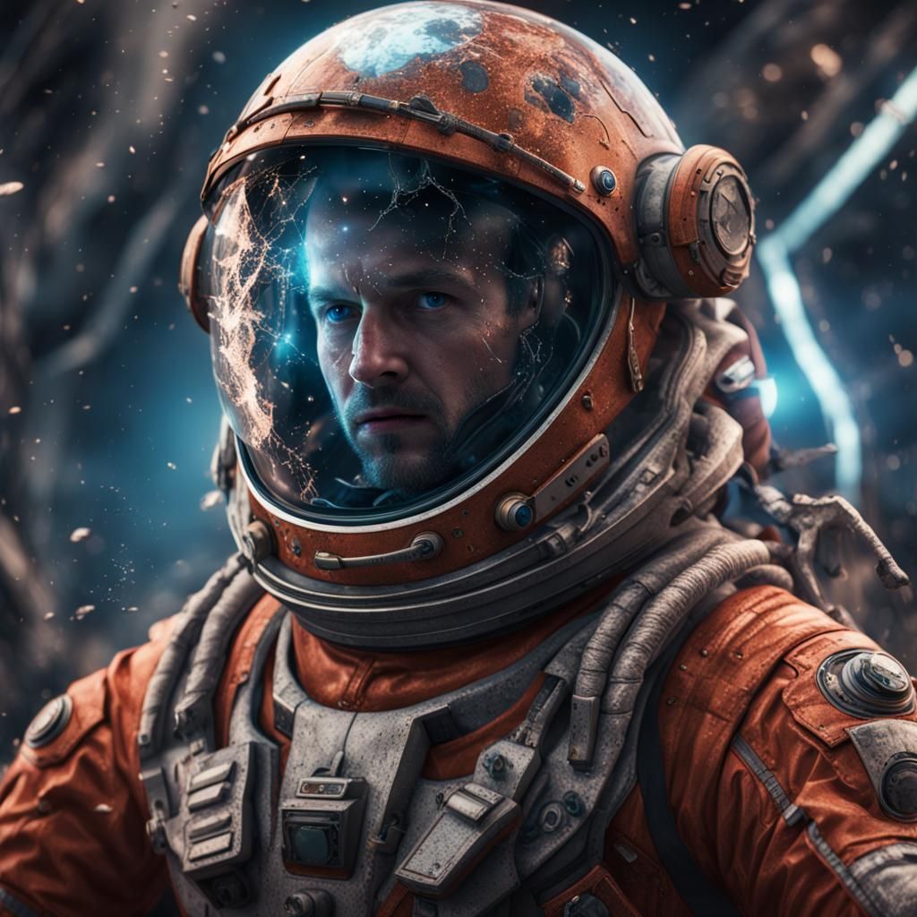 Man in a space suit with a cracked helmet
