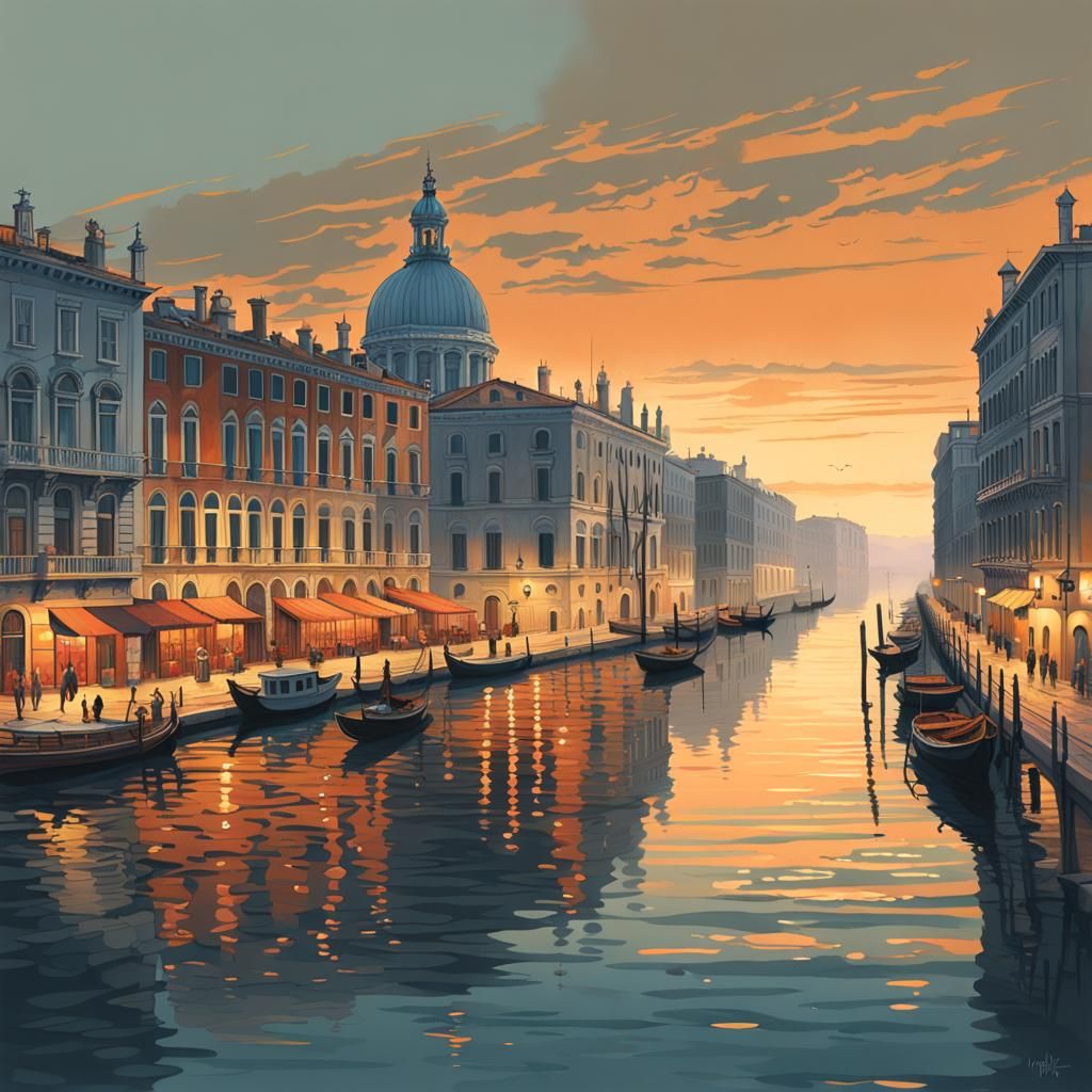 Trieste Grand Canal at Golden Hour, Hyperrealistic