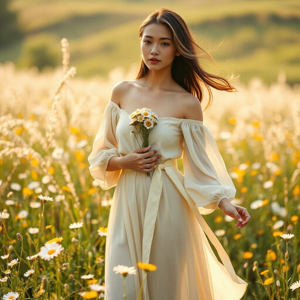 Hakka Woman in Sunlit Daisy Meadow
