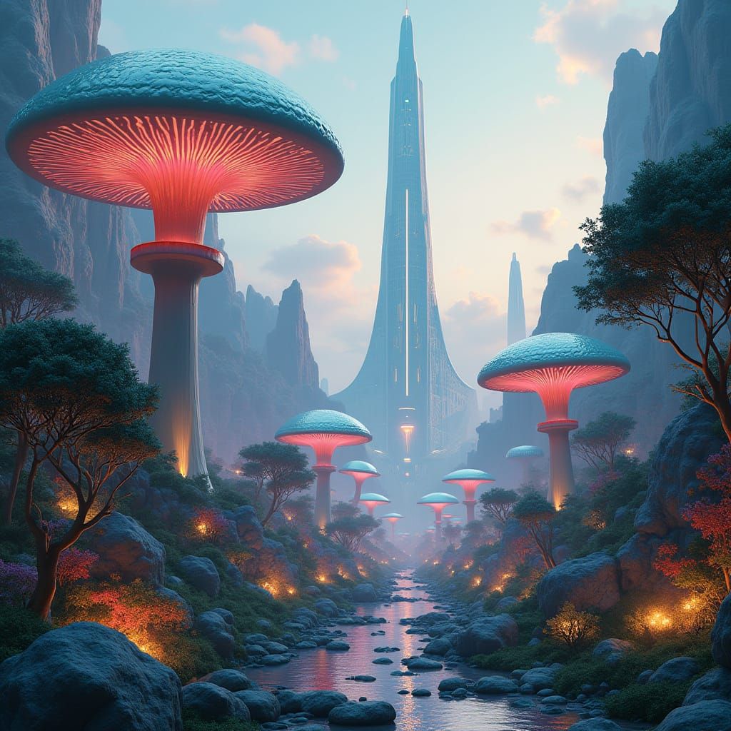 Ethereal Futuristic Utopia with Iridescent Trees and Glowing...