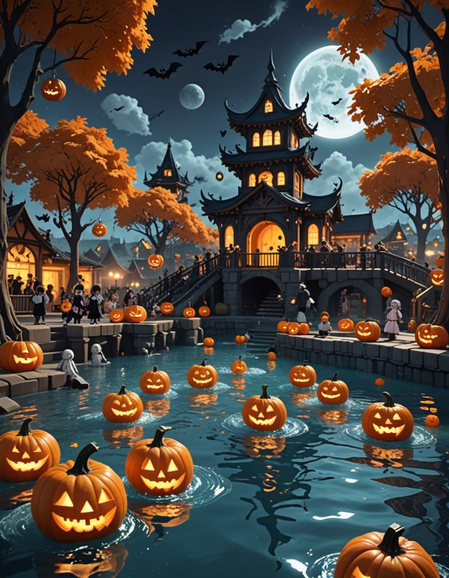Halloween Anime Water Park with Ghosts and Pumpkins