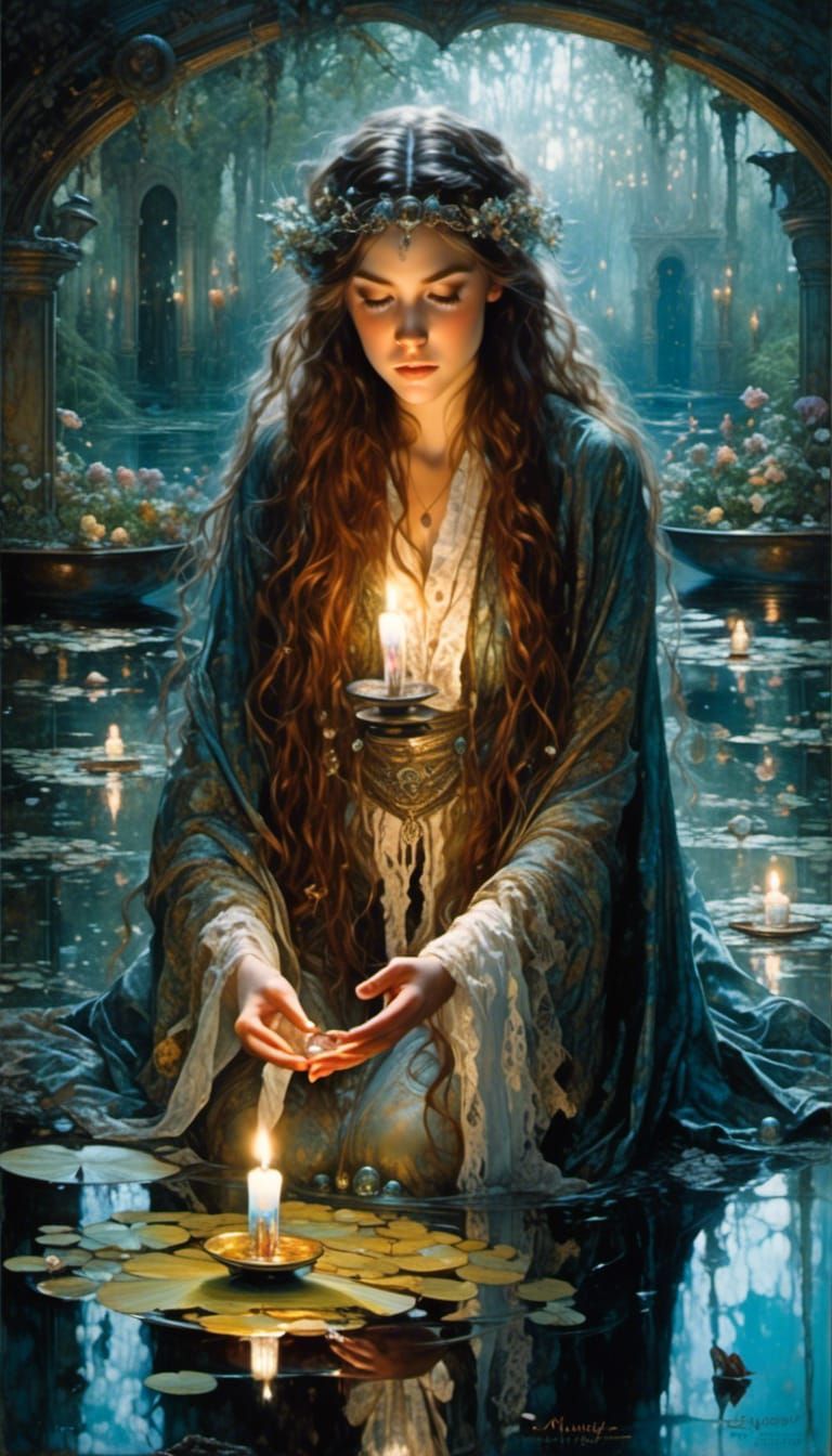 Victorian Seeress Scrying Pond in Dark Fantasy Style