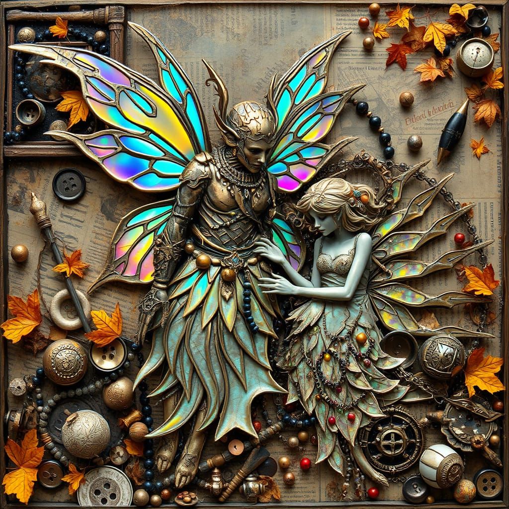Winged Fairy Couple in Glitchcore Encaustic Collage