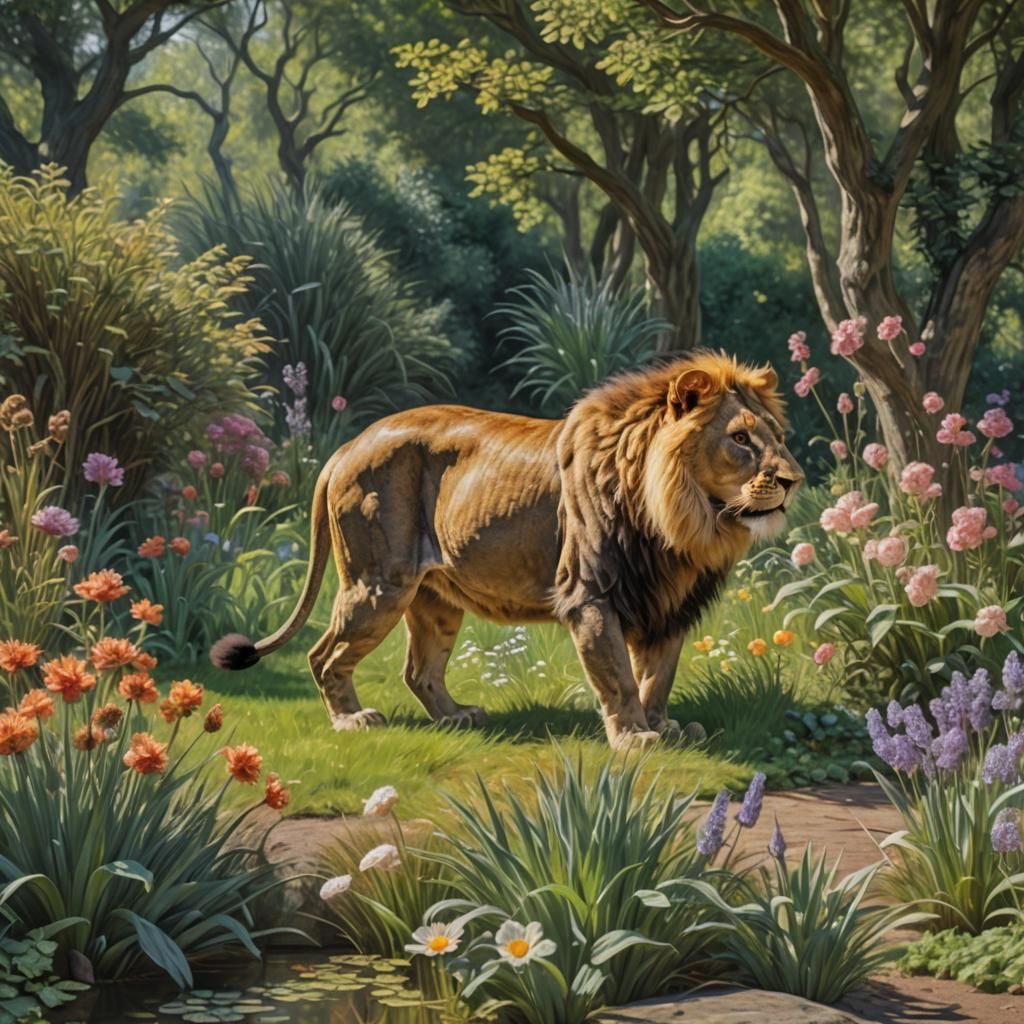 Rabbit-Headed Lion Stalking Deer: Monet-Inspired Fantasy
