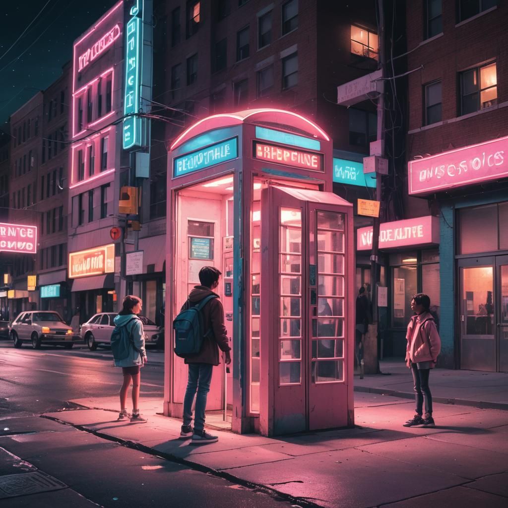 Retro 80s Phone Booth in Neon Cityscape
