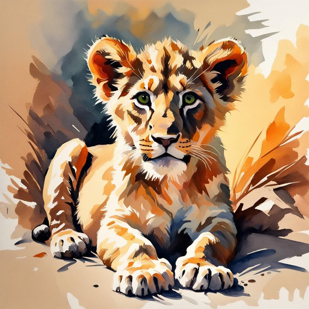 Lion Cub Portrait in Gouache Watercolor Style