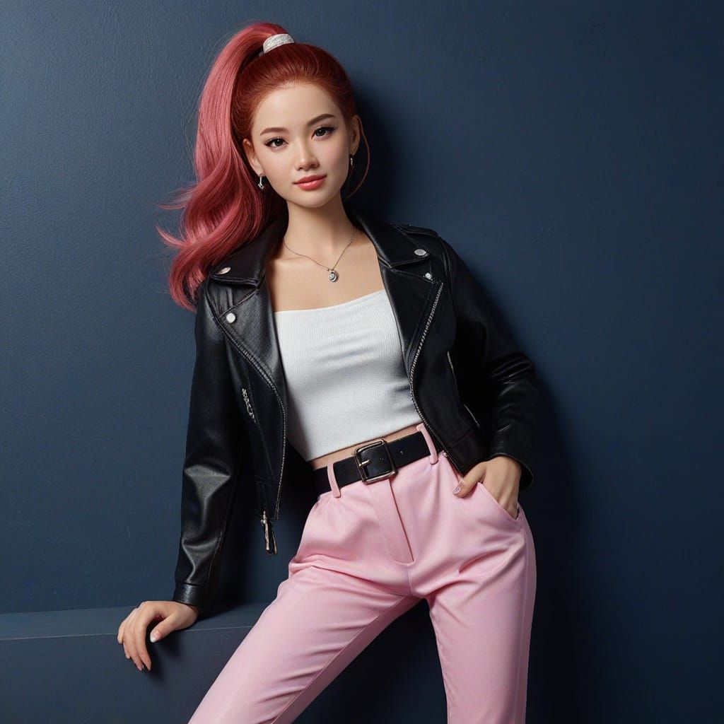 Hyper Realistic Portrait of a Taiwanese Woman in Leather Jac...