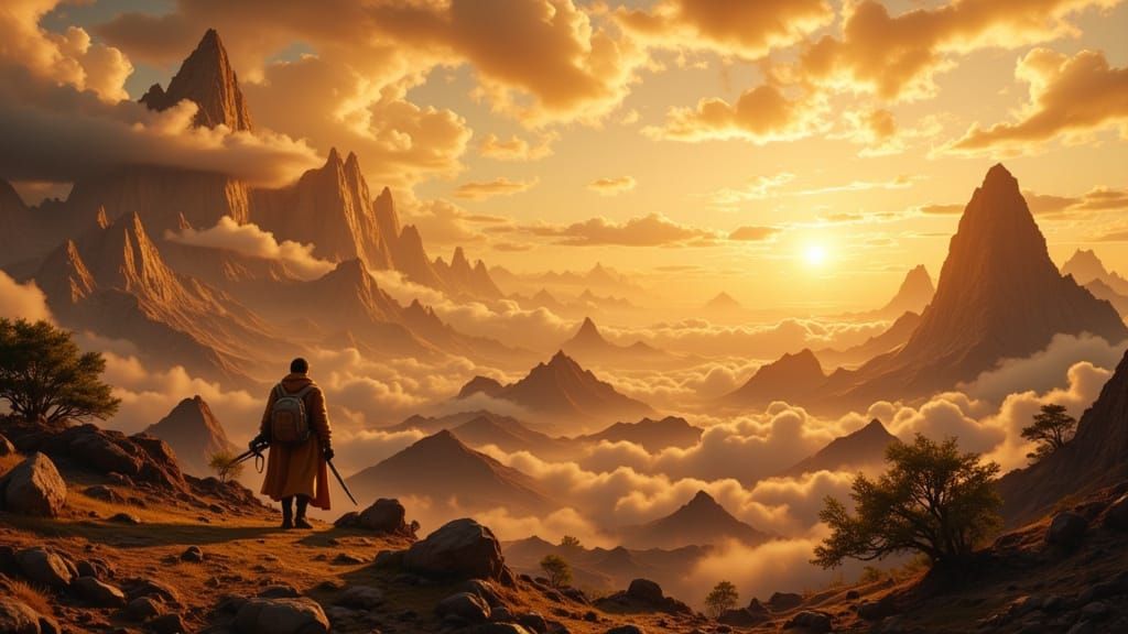 Sacred Mountains in Unknown Lands at Sunset