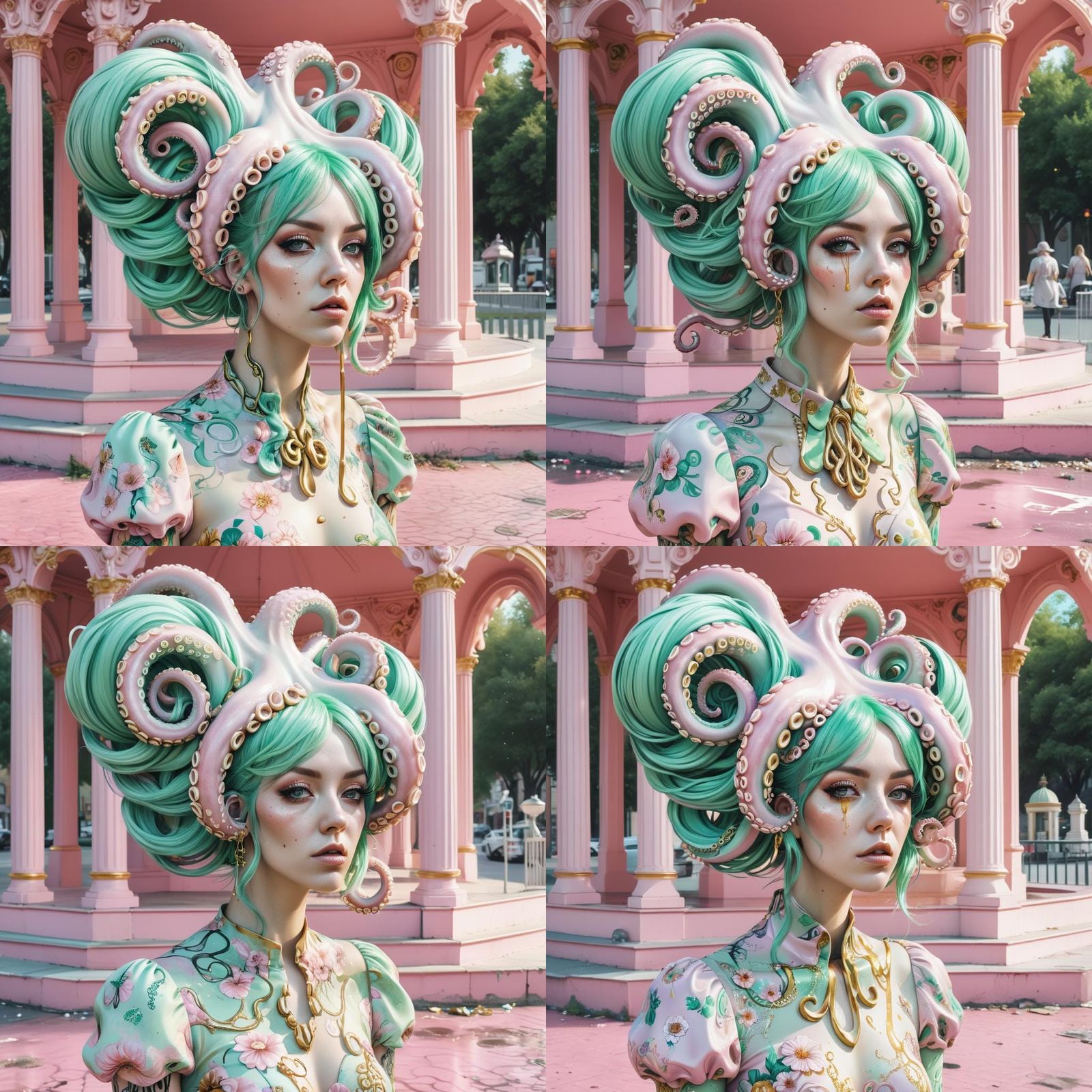 Surreal Pastel Pink Figure with Golden Tears