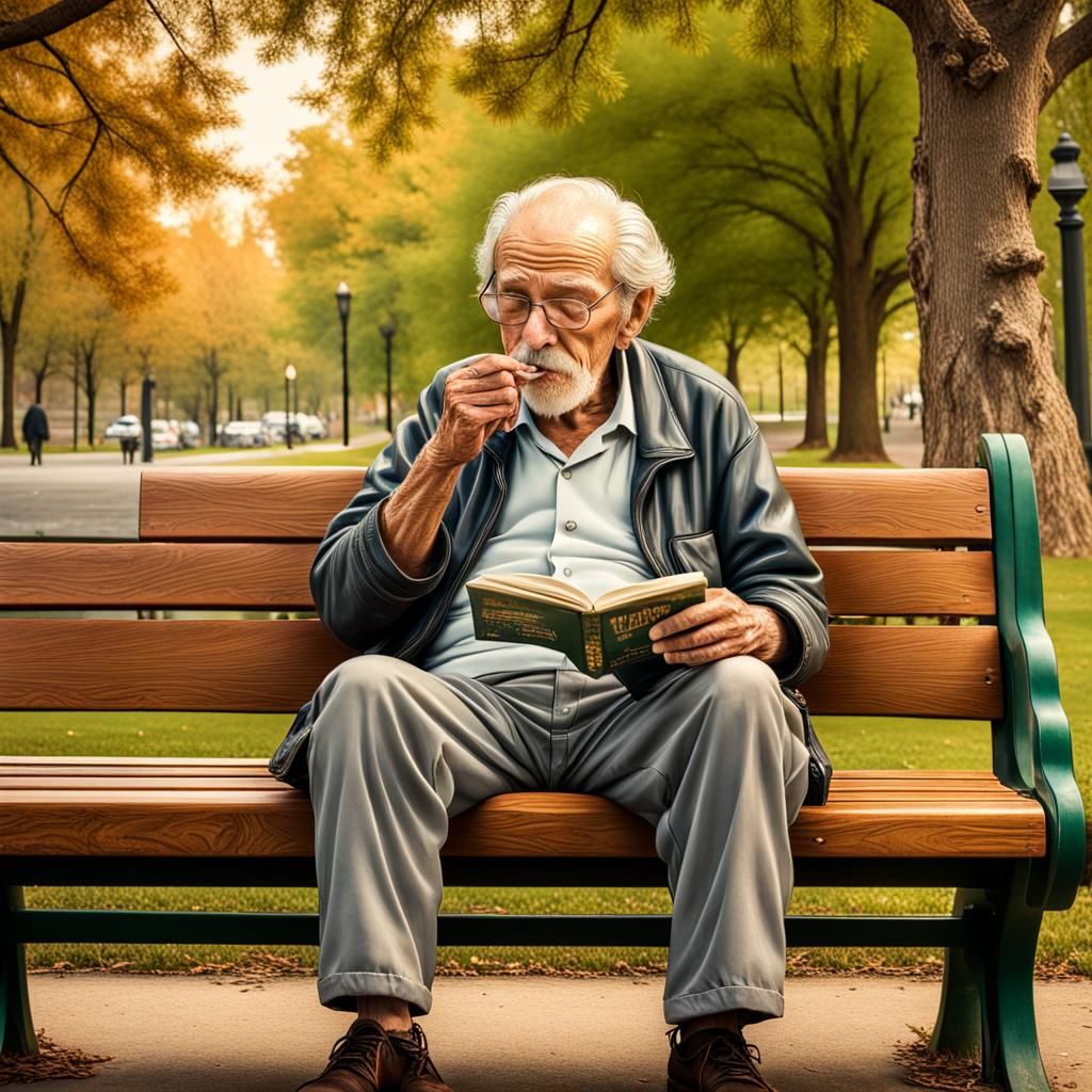 Hyperrealistic Old Man Smoking and Reading in Park