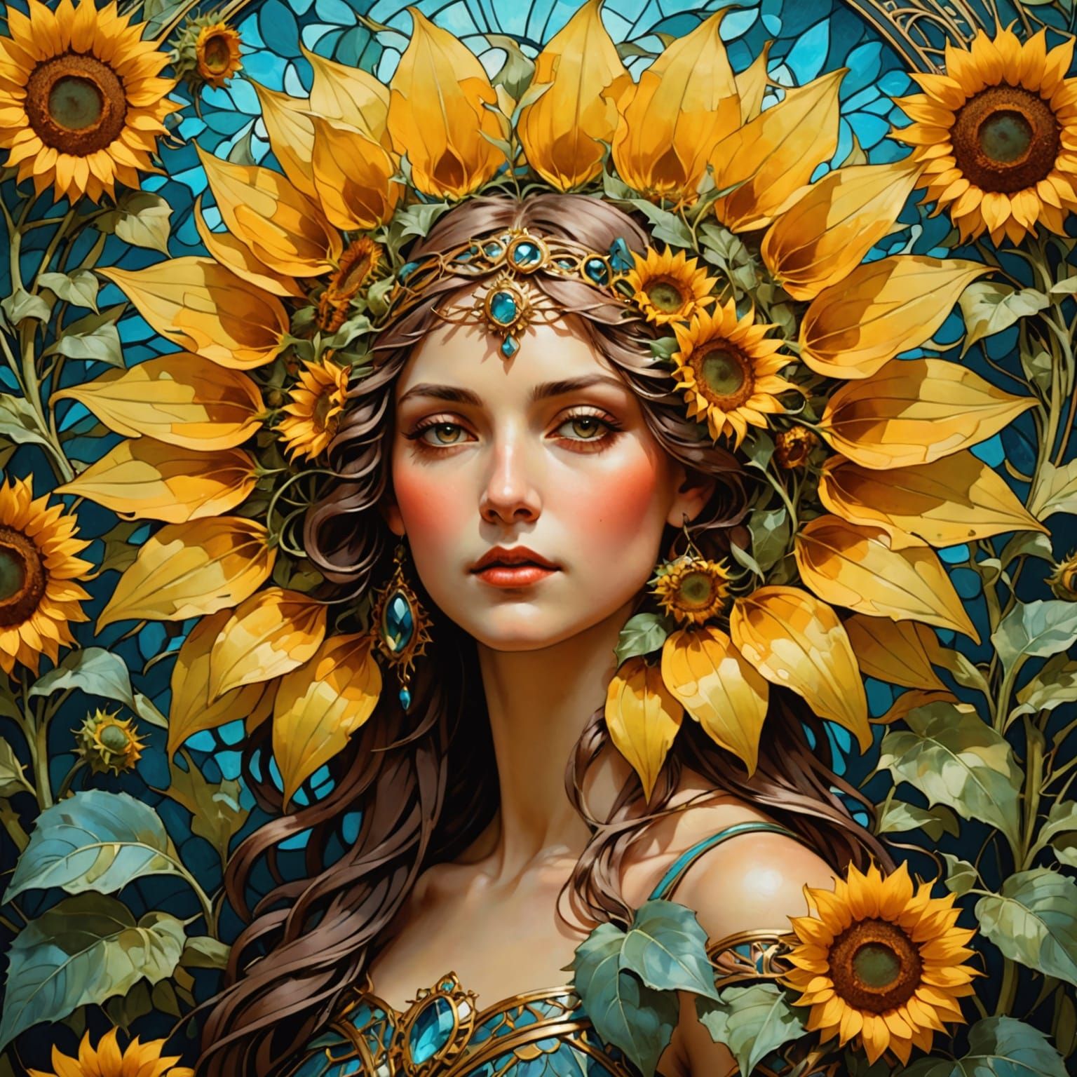 Surreal Sunflower Blooms in Art Nouveau Splendor