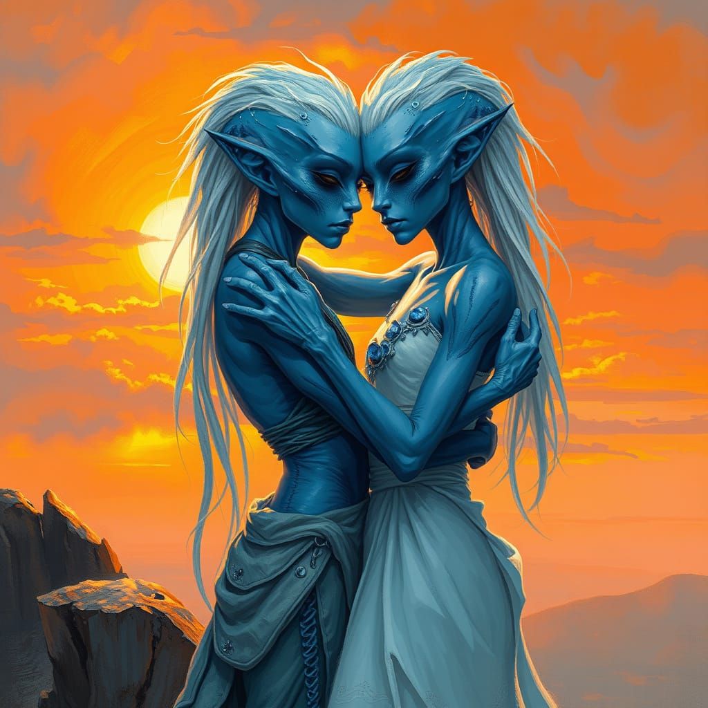 Alien Lovers Embracing in a Vibrant Sunset Landscape