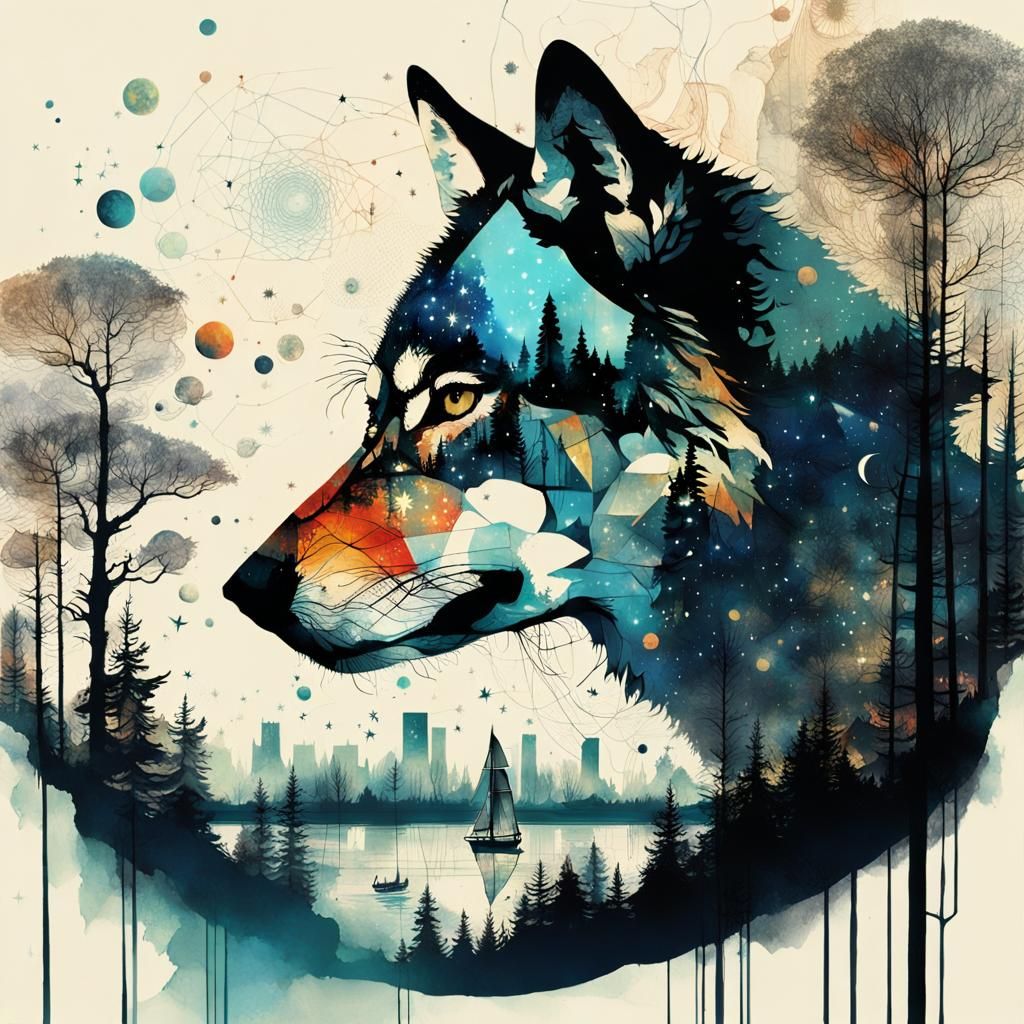 Wolf Silhouette in Double Exposure Galaxy Art