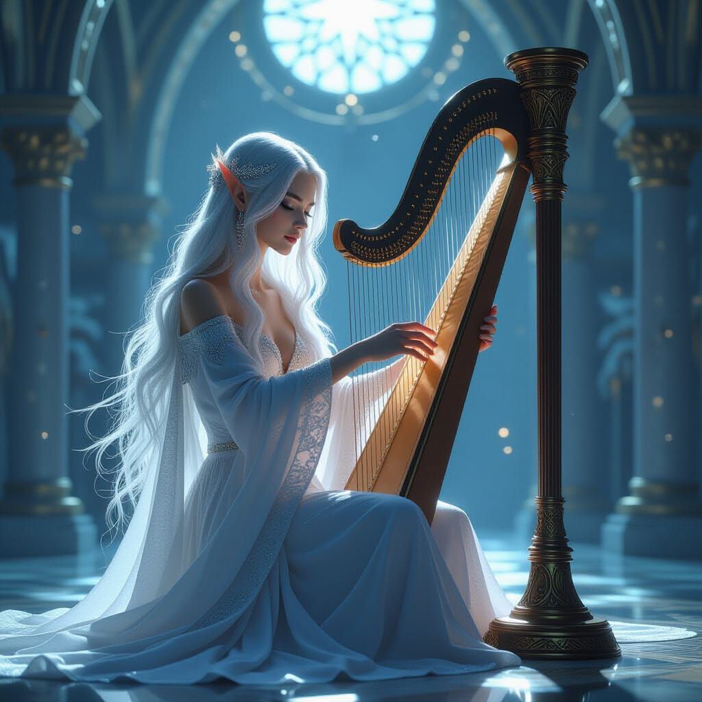 Celestial Elven Musician Plays Starlight Harp as Fantasy Ill...