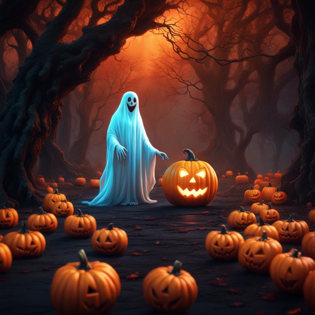 Ghost and Pumpkin Embrace: Fantasy Concept Art