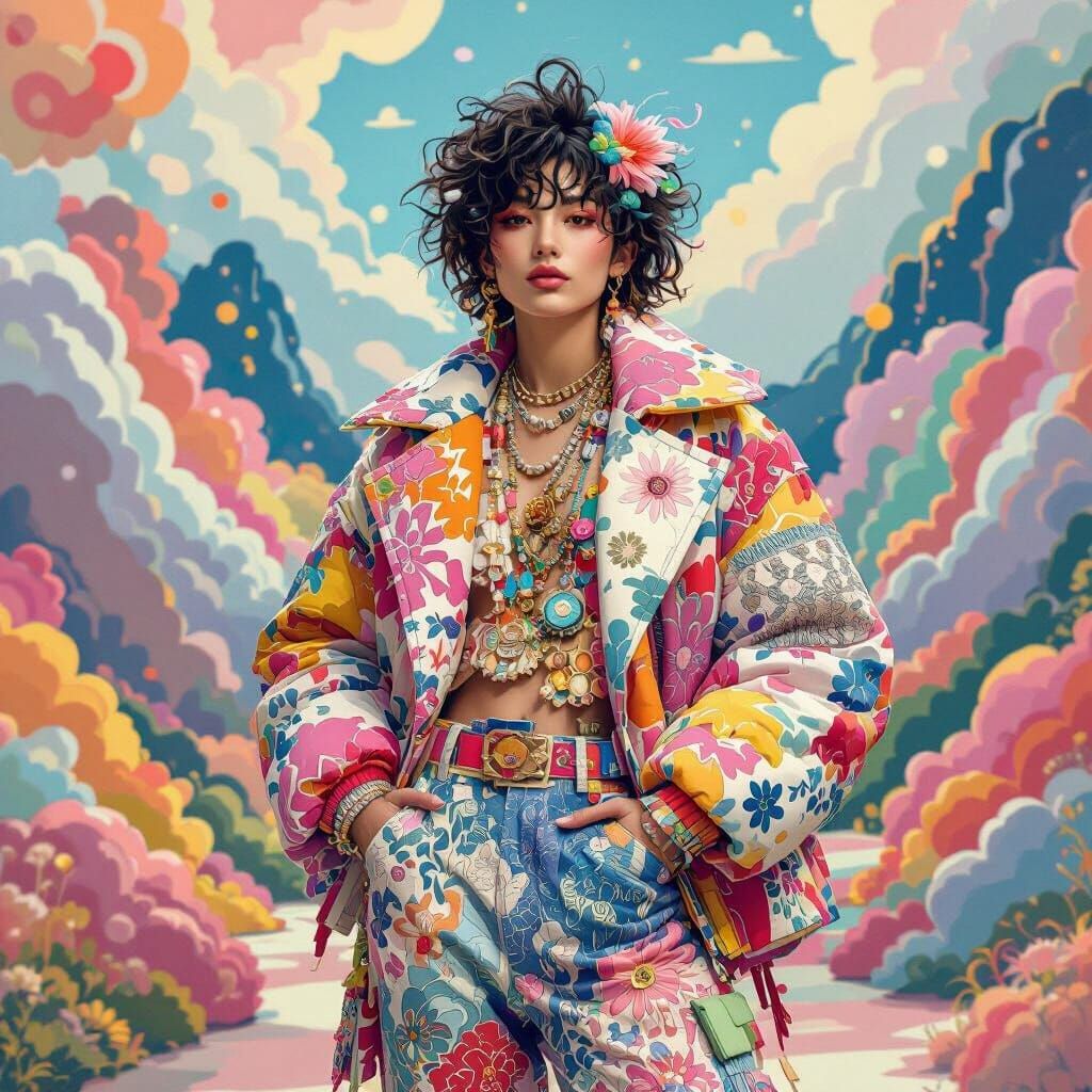 Genderfluid Person in Dreamlike Murakami-Inspired Setting