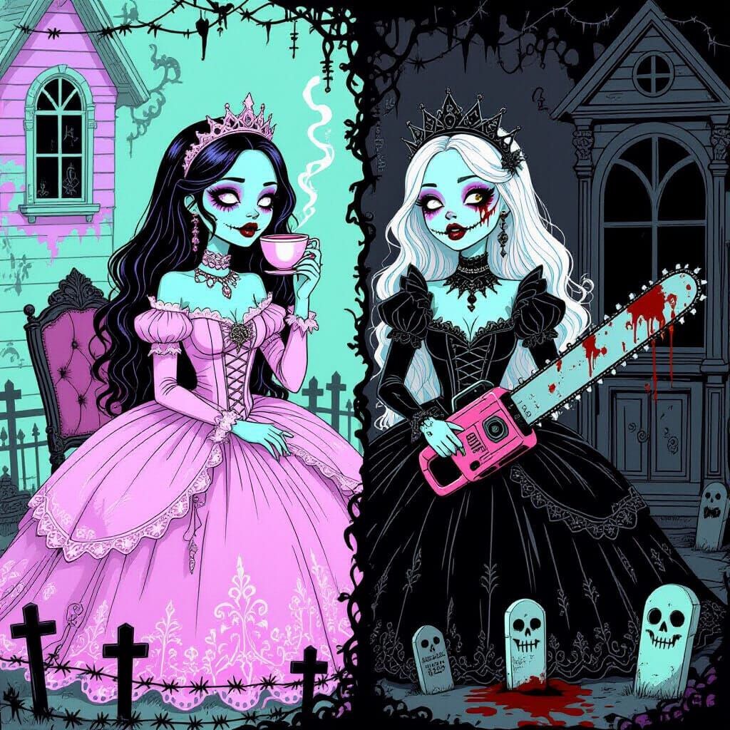 Pastel Goth Zombie Princess in Duality, Pop Art Style