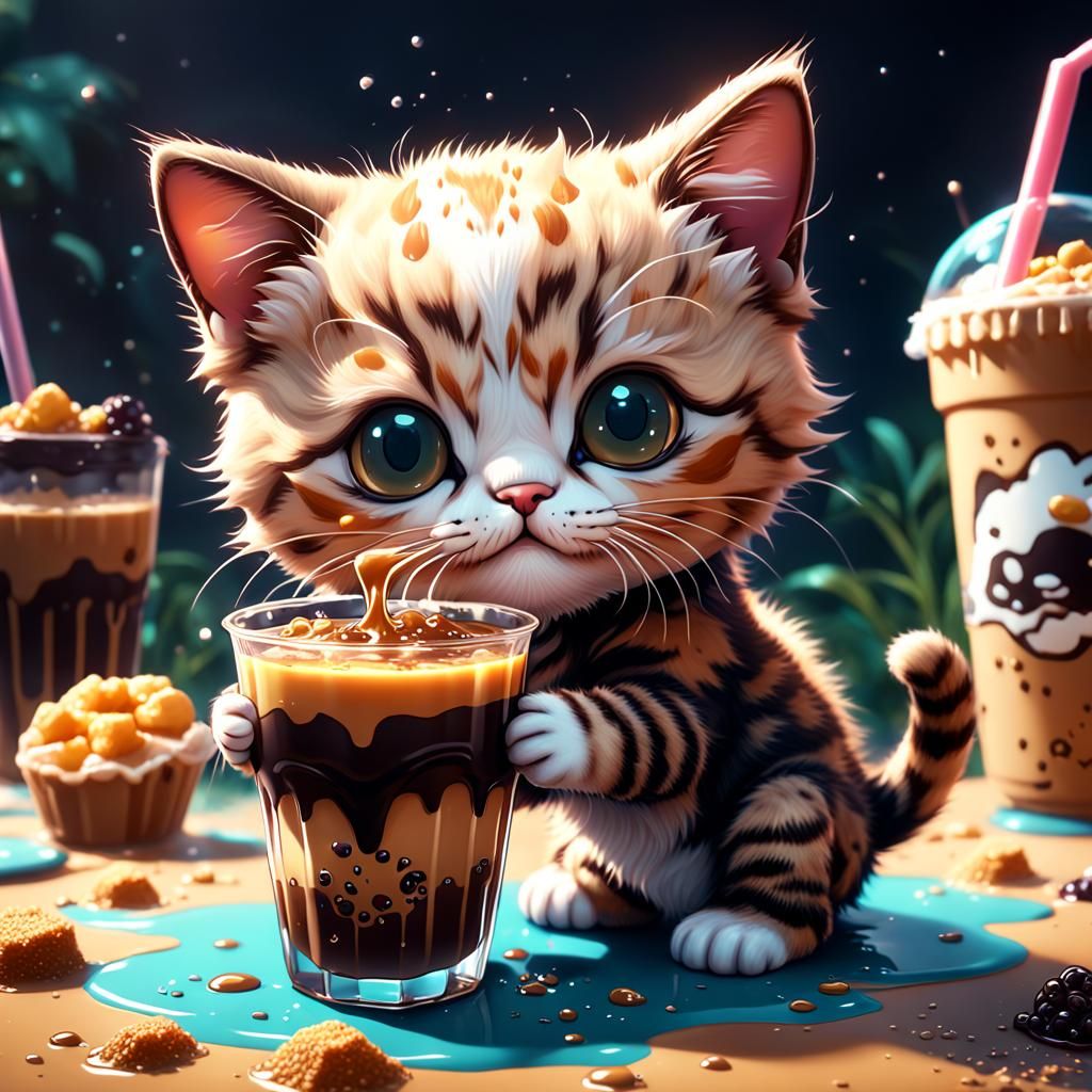 Kawaii Kitten Drinks Boba: Detailed Fantasy Art