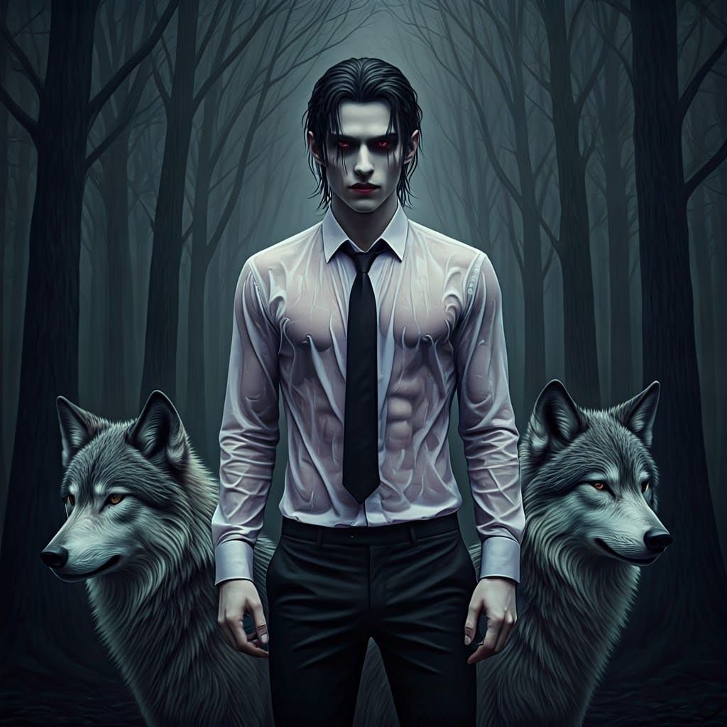 Vampiric Man in Misty Forest, Gothic Art