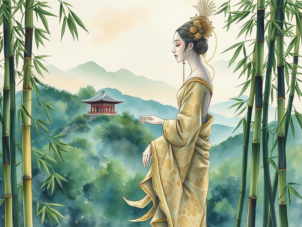 Intricate Bamboo Goddess in Japanese Landscape