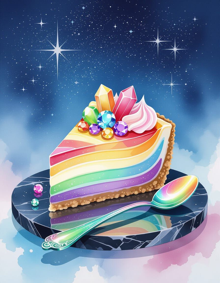 Rainbow Swirled Cheesecake with Gemstones on Obsidian