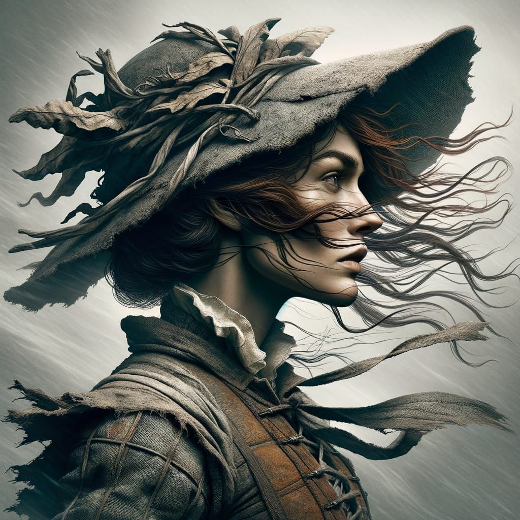 Woman Battling Fierce Autumn Weather in Rustic Attire