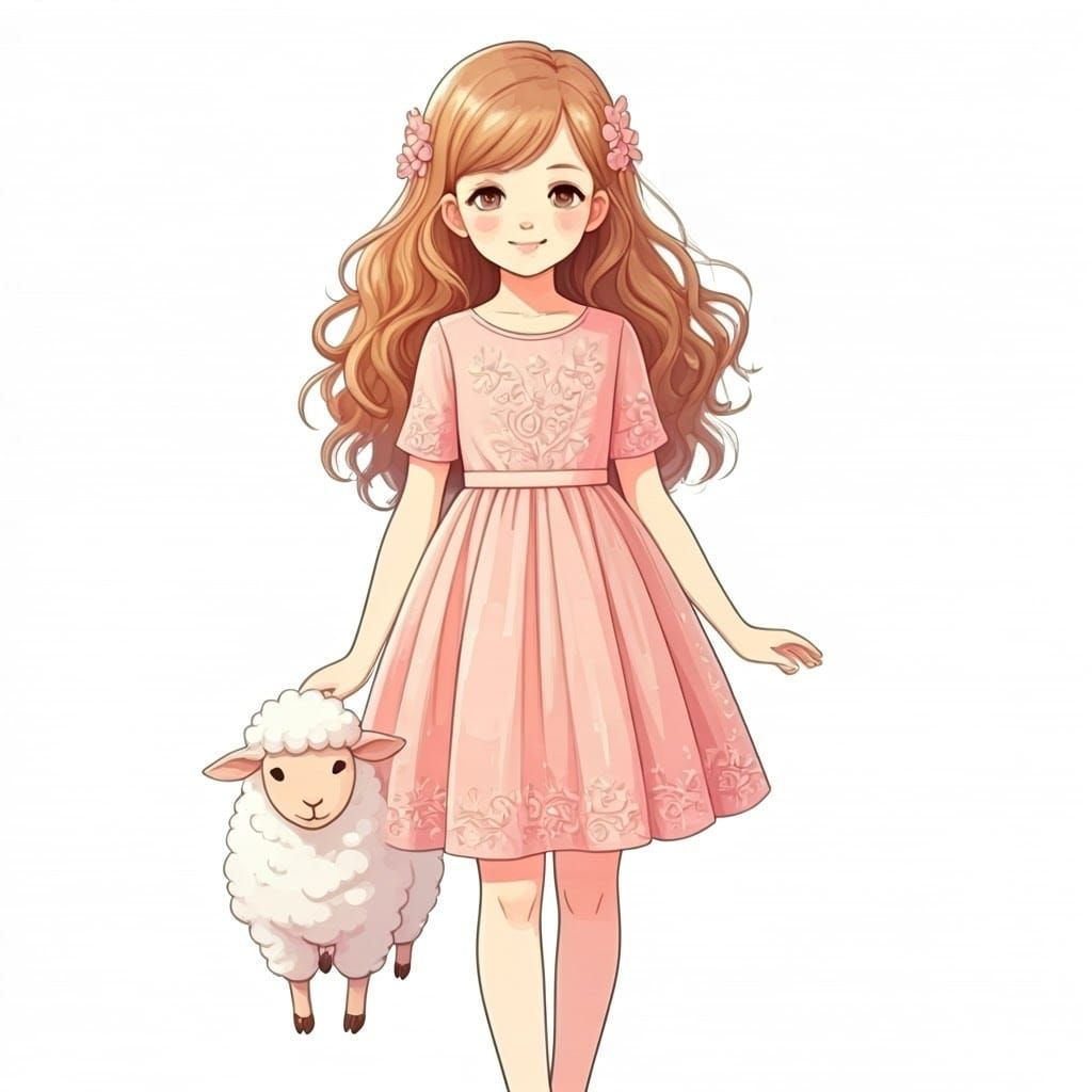 Elegant Anime Girl in Pink Dress with Sheep
