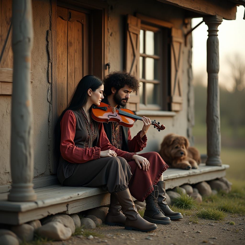 Couple in Gypsy Attire Playing Fiddle on Cottage Stairs
