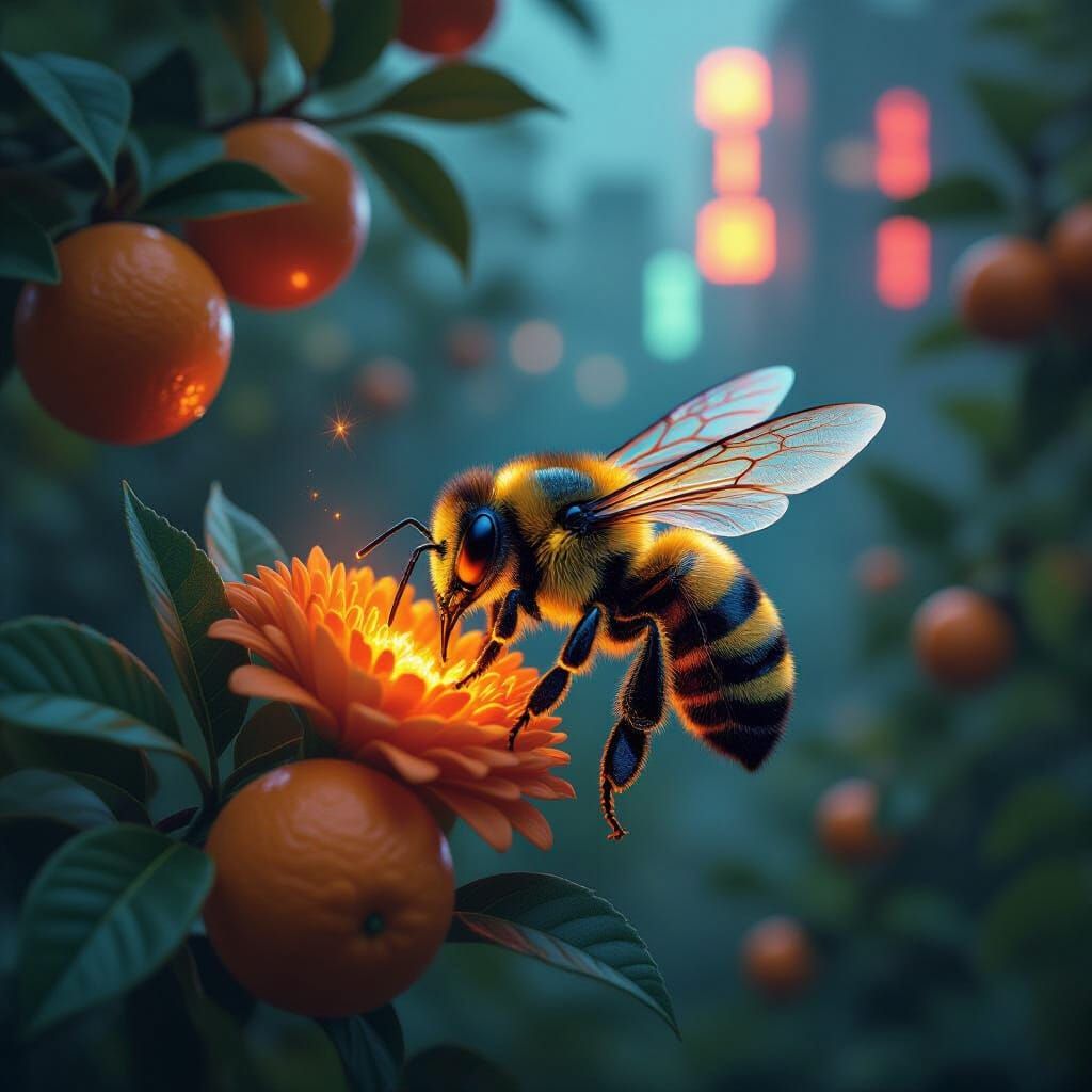 Iridescent Cyberpunk Bee in Neon Orange Grove