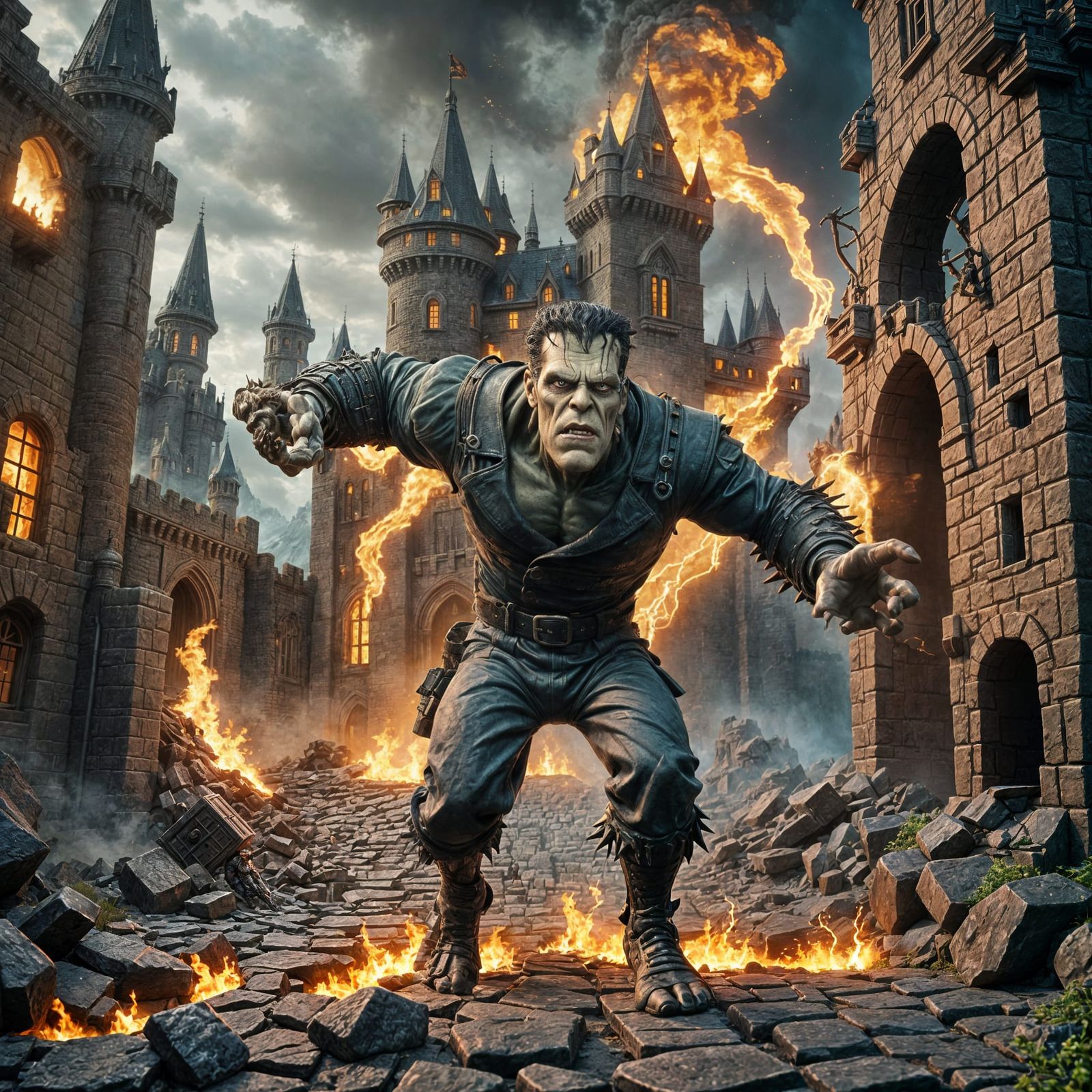 Frankenstein's Monster Diorama Running from Burning Castle