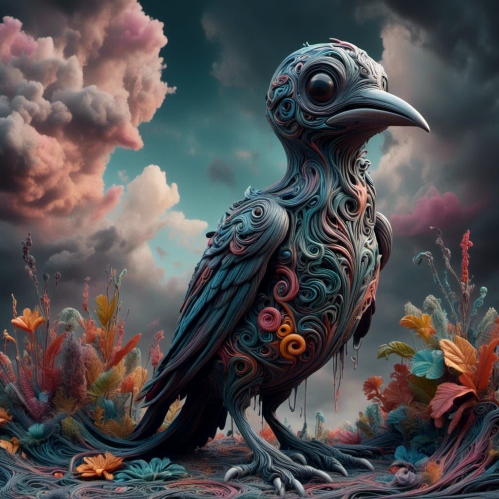 Whimsical Crow in Dreamlike Theme Park, Digital Art