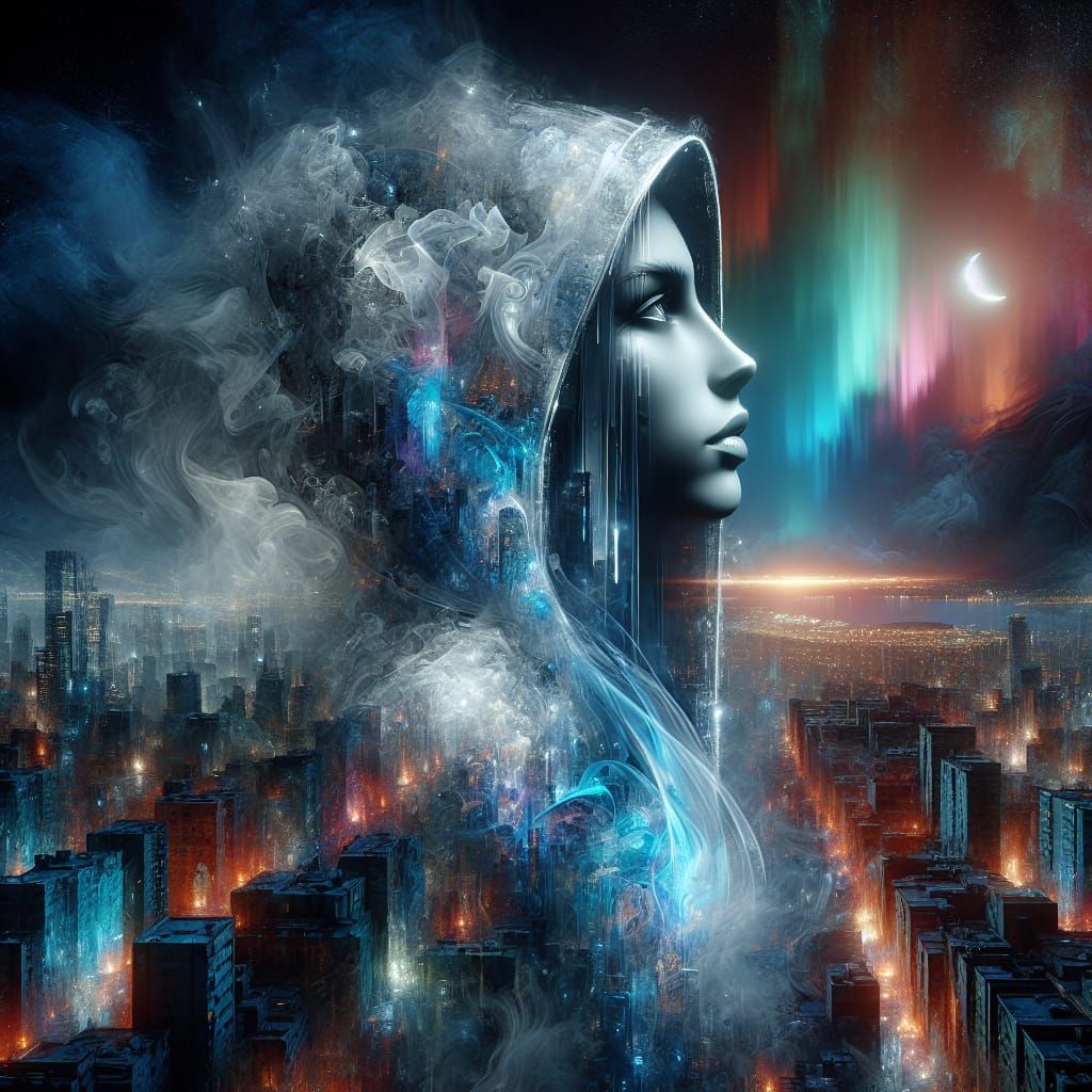 Resin Glass Woman in Cyberpunk Cityscape