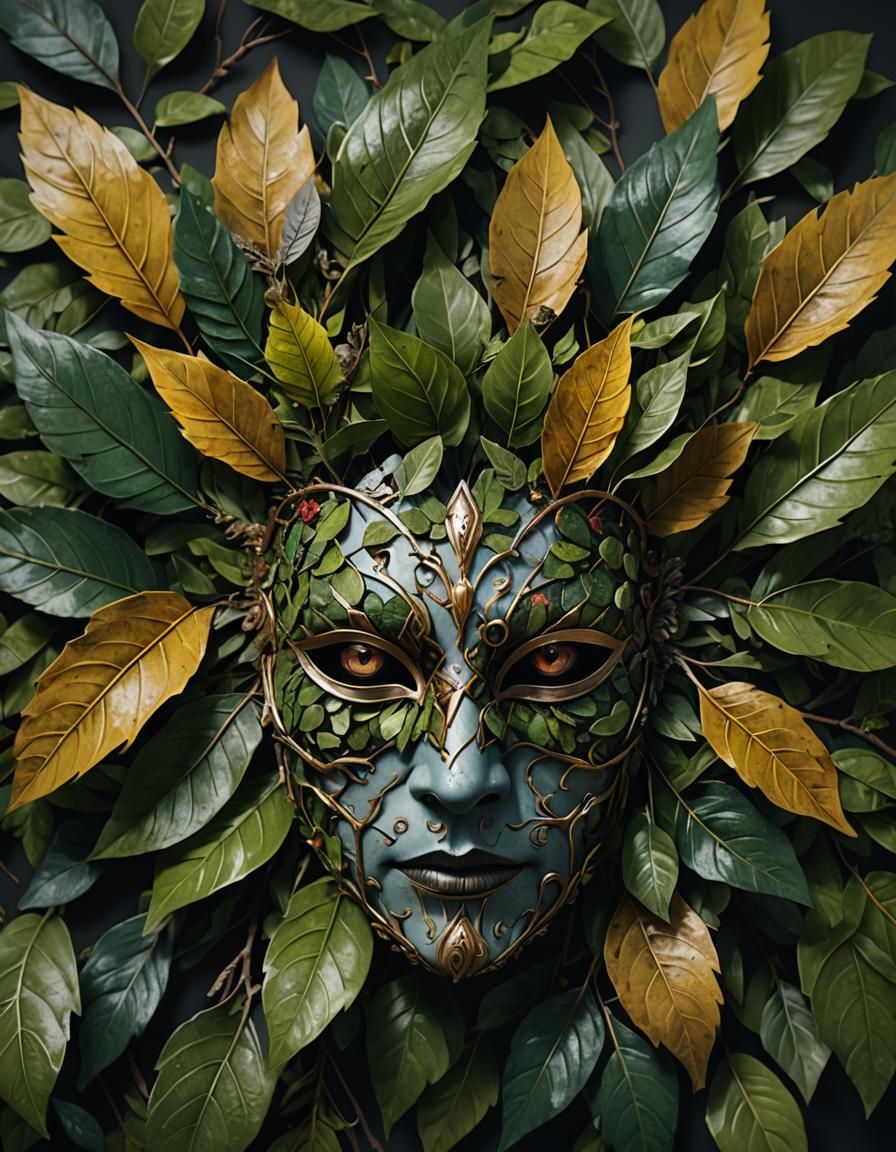 Intricate Mask of Leaves and Twigs in Detailed Matte Paintin...