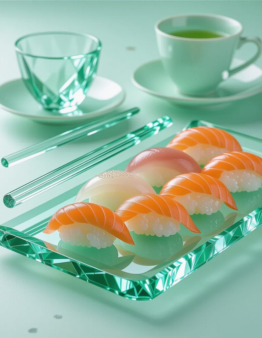 Crystal Glass Sushi: A Sparkling Still Life