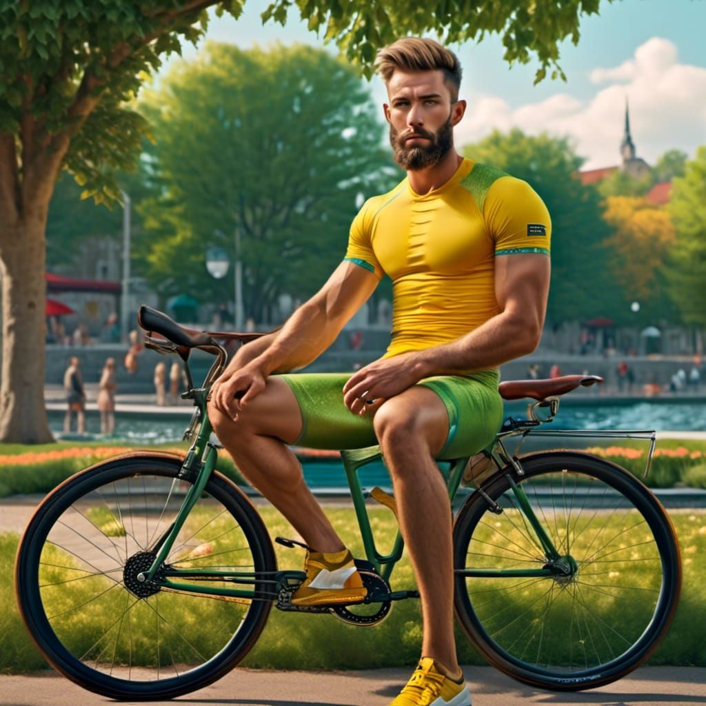 Hyperrealistic Male Model in Lycra Shorts on Park Bench