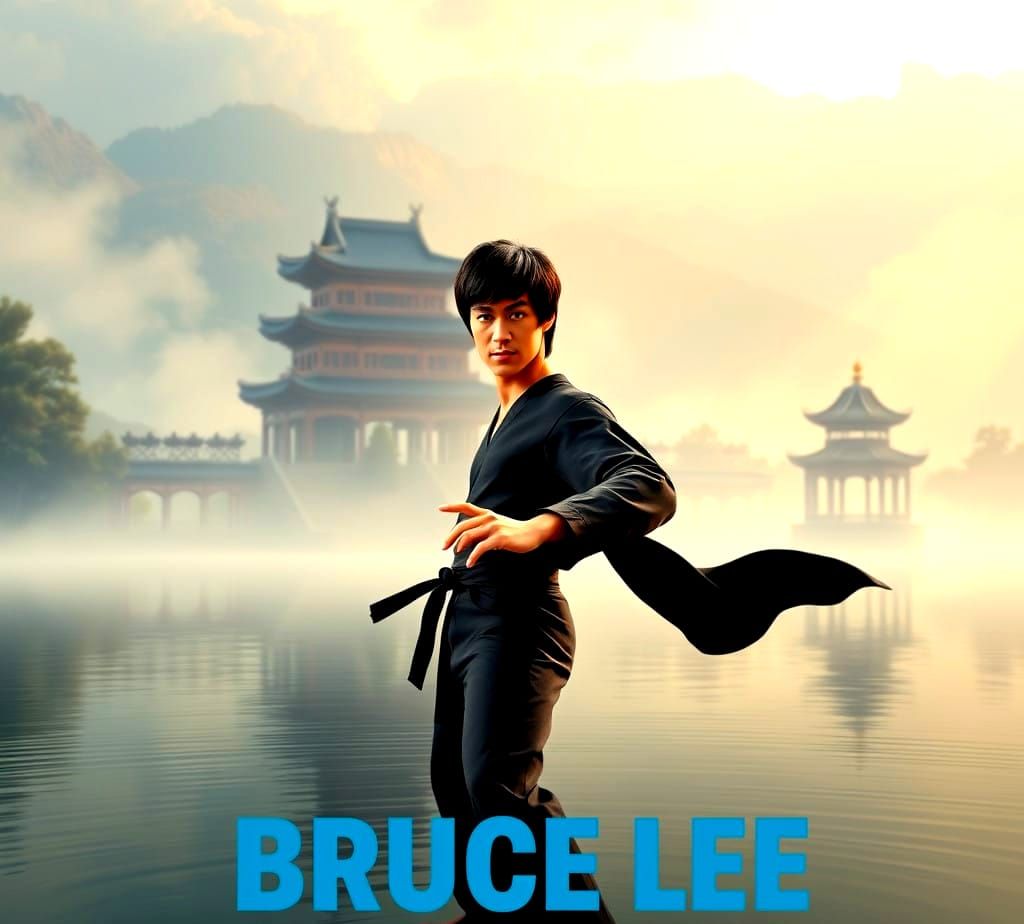Bruce Lee in Elegant Martial Arts Pose near Serene Lake and ...