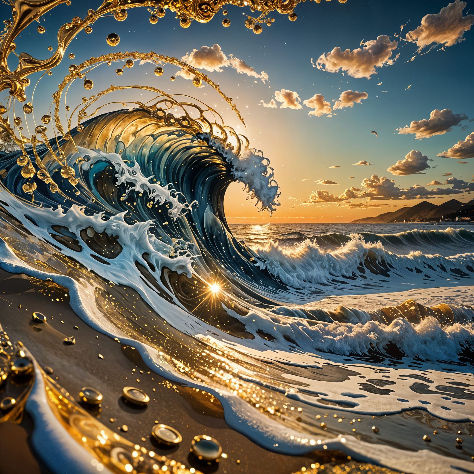 Golden Hokusai Wave: A Detailed 3D Render