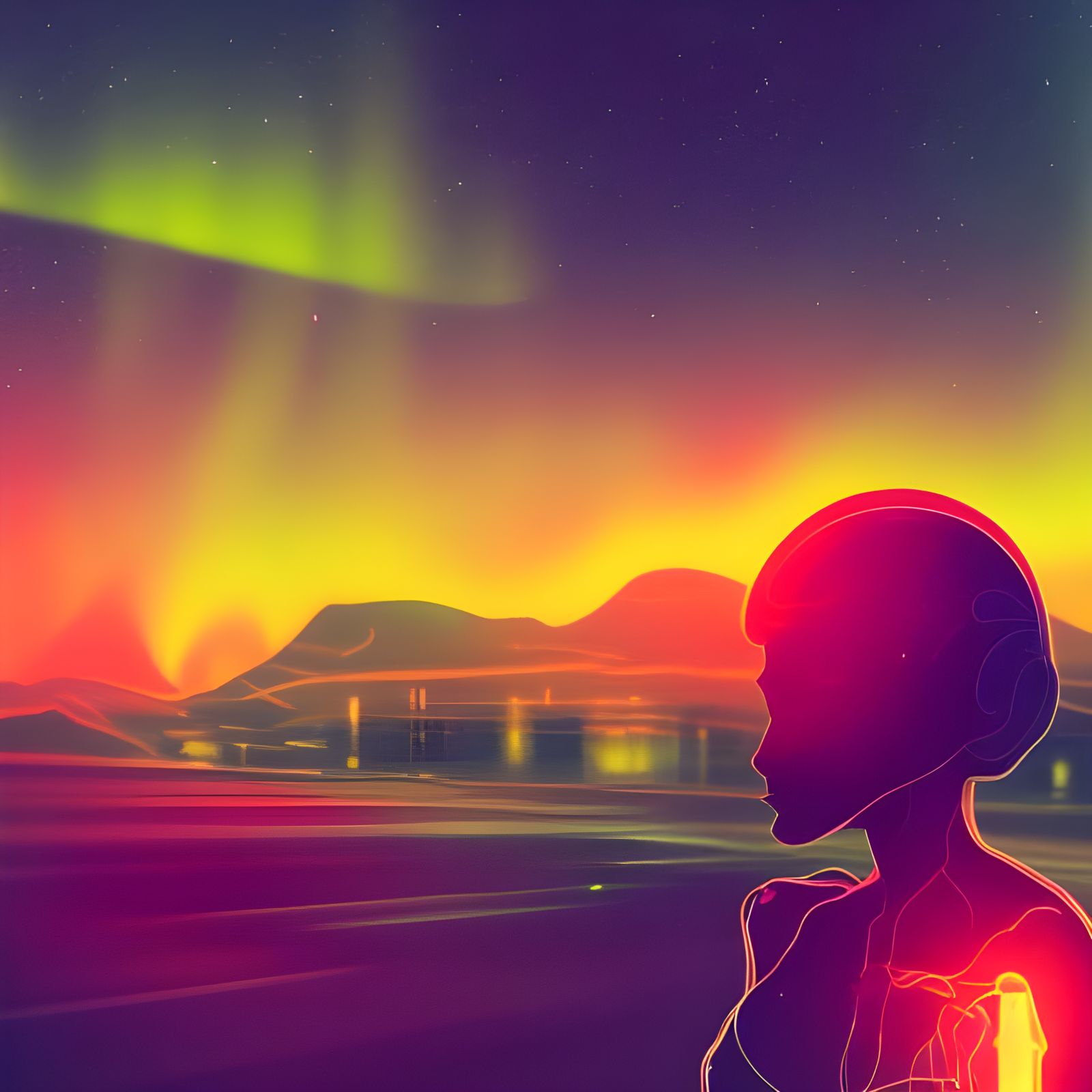 Self-Righteous Figure Amidst Aurora in Biopunk Style