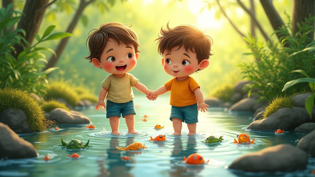 Toddlers Discover Creek Life in Children's Book Style