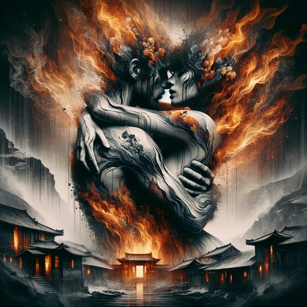 Burning Embrace: A Fiery Double Exposure Portrait