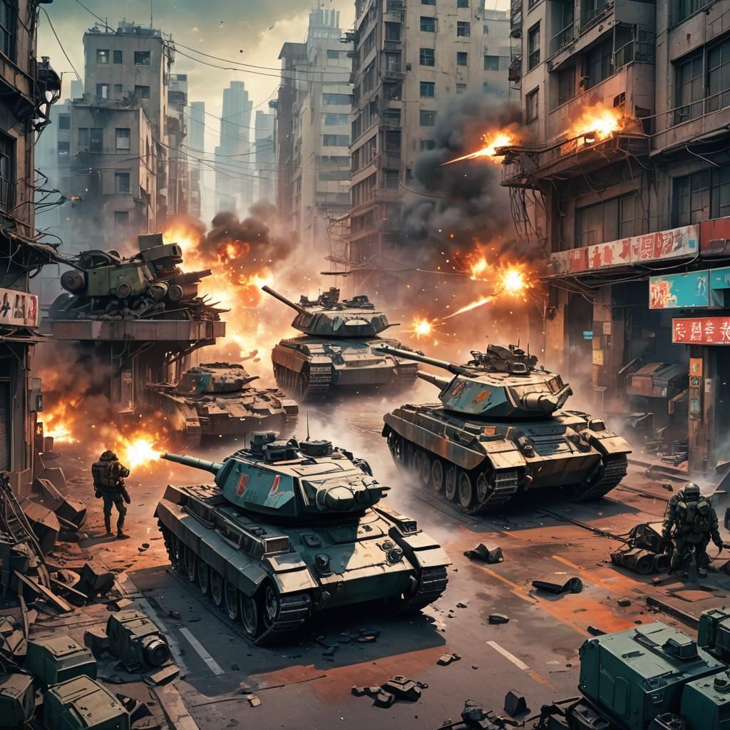 Anime Mech Battle in Post-Apocalyptic Cityscape