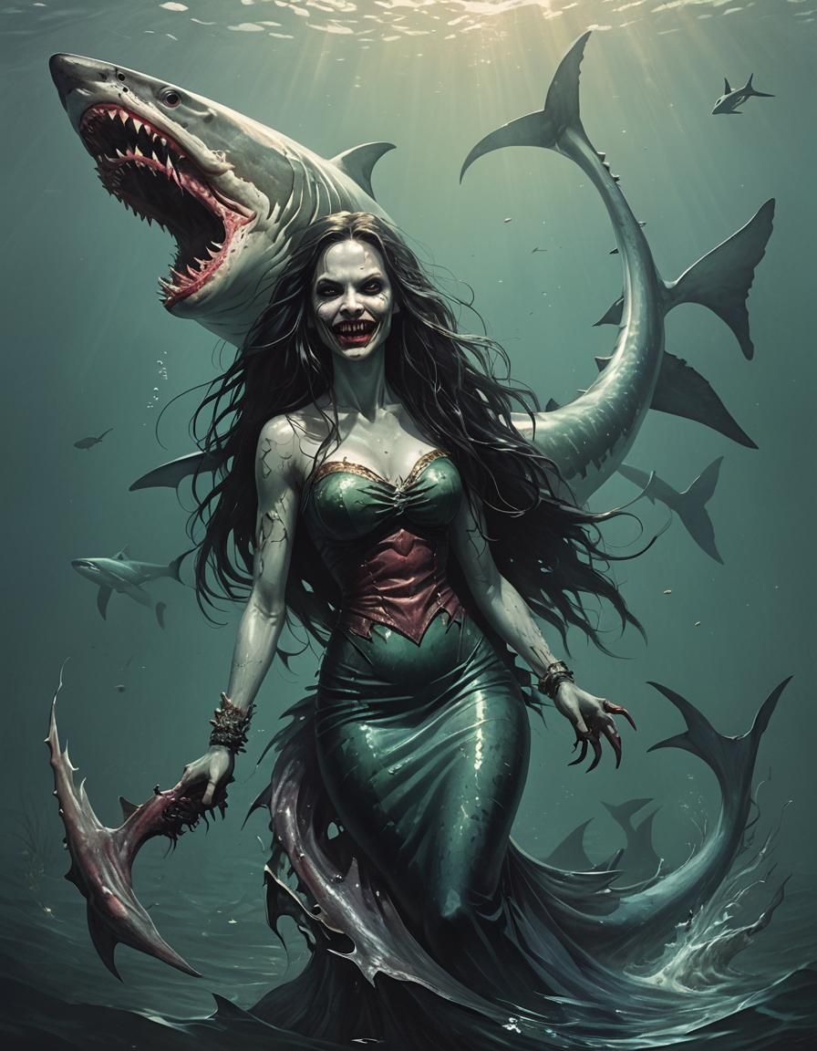Creepy Horror Shark Mermaid: Sinister Art