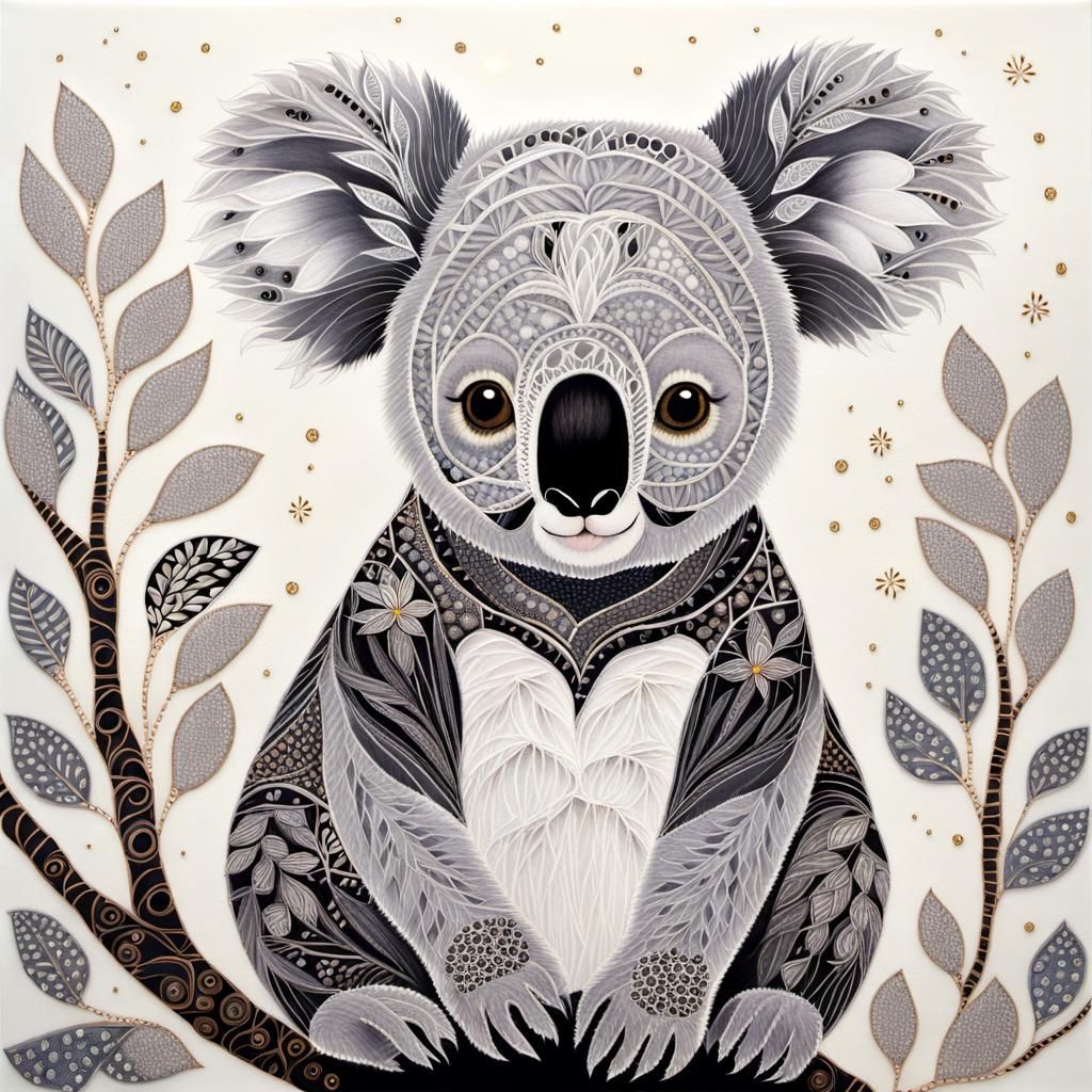 Enigmatic Koala Bear Zentangle Acrylic Illustration