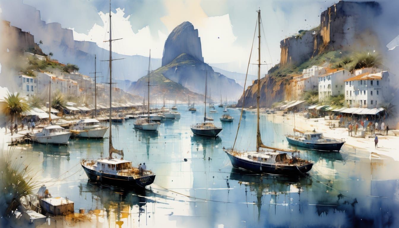 Rio Harbor: Watercolor Sailing Yachts in Spring