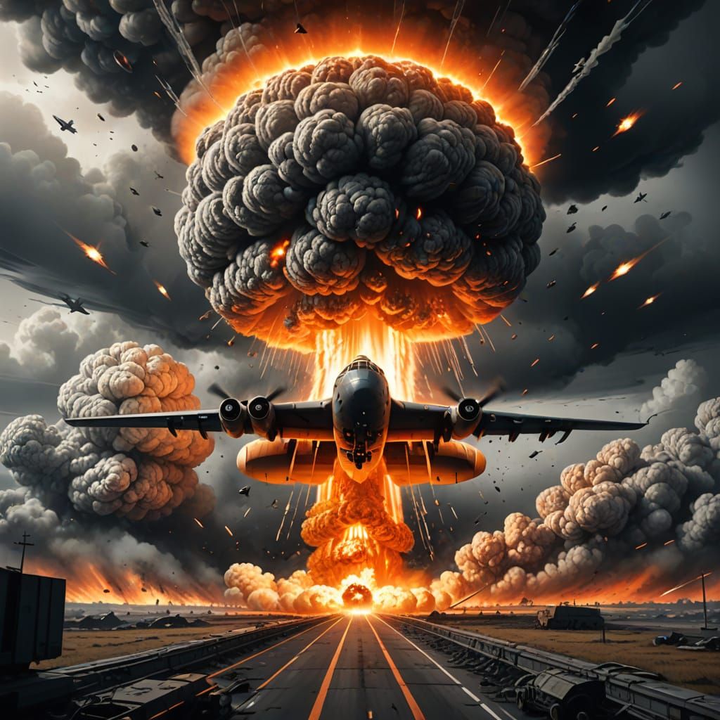 Nuclear Bomb Drops From Bomber Plane in Sci-Fi Illustration