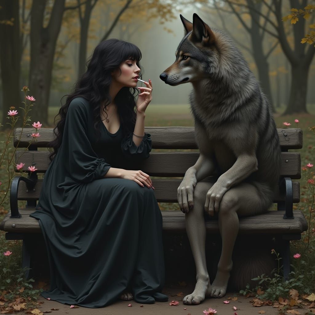 Woman and Spectral Wolf Smoking, Renaissance Style